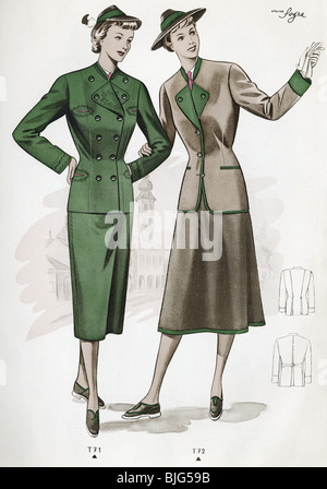 Mode, années 1950, vêtements, vêtements, mode pour femmes, manteaux et jupes traditionnels d'Autriche pour femmes, illustration de: 'Trachtenmodelle fuer Damen und Herren', No 2, Vienne, Autriche, vers 1950, Banque D'Images