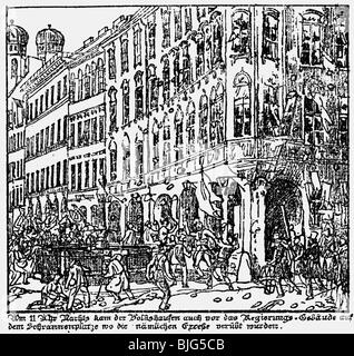 Événements, révolutions 1848 - 1849, Révolution de mars, Munich, des pierres sont lancées contre la mairie, Marienplatz, 2.3.1848, lithographie contemporaine de Gustav Kraus, citoyens, agitation, révolution, Allemagne, Bavière, XIXe siècle, historique, historique, peuple, Banque D'Images