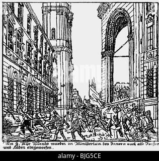 Événements, révolutions 1848 - 1849, Révolution de mars, Munich, les fenêtres de la maison de l'intérieur sont écrasées, Theatinerstrasse, 2.3.1848, lithographie contemporaine de Gustav Kraus, citoyens, agitation, révolution, Allemagne, Bavière, XIXe siècle, historique, historique, peuple, Banque D'Images