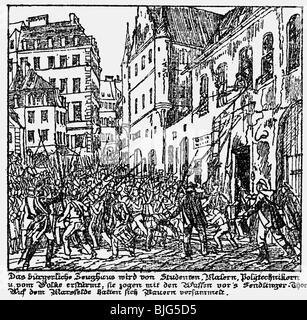 Événements, révolutions 1848 - 1849, Révolution de mars, Munich, étudiants et artisans ouvrant l'armory, Sankt-Jakobs-Platz, 4.3.1848, lithographie contemporaine de Gustav Kraus, peuple, armes, armement, révolution, Allemagne, Bavière, XIXe siècle, historique, historique, Banque D'Images