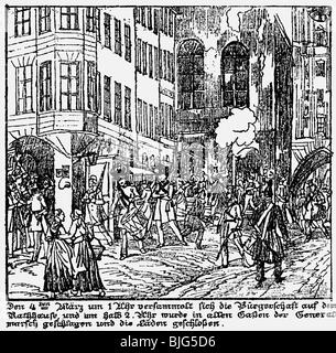 Événements, révolutions 1848 - 1849, Révolution de mars, Munich, les citoyens se réunissent à l'Hôtel de ville, Marienplatz, 4.3.1848, lithographie contemporaine de Gustav Kraus, milice, révolution, Allemagne, Bavière, XIXe siècle, historique, historique, peuple, Banque D'Images