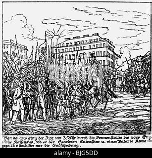 Événements, révolutions 1848 - 1849, Révolution de mars, Munich, les armées rencontrant l'armée, Sonnenstrasse, 4.3.1848, lithographie contemporaine de Gustav Kraus, armes, soldats, cuirassiers, révolution, Allemagne, Bavière, XIXe siècle, historique, historique, Banque D'Images