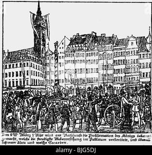 Événements, révolutions 1848 - 1849, Révolution de mars, Munich, annonce de la proclamation du roi Louis I., Marienplatz, 6.3.1848, lithographie contemporaine de Gustav Kraus, Wittelsbach, révolution, Allemagne, Bavière, XIXe siècle, historique, Ludwig, peuple, Banque D'Images