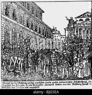 Événements, révolutions 1848 - 1849, Révolution de mars, Munich, défilé militaire devant le Palais Royal, 6.3.1848, lithographie contemporaine de Gustav Kraus, soldats, Residenz, citoyens, peuple, révolution, Allemagne, Bavière, XIXe siècle, historique, historique, Banque D'Images