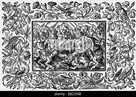 Beaux-arts, Amman, Jost (1539-1591), gravure sur bois, scène de bataille, de 'Heldenbuch", imprimé par Sigmund Feyerabend, Francfort sur le Main, Allemagne, 1590, fac-similé de 'Der' Formenschatz (trésors) publié par Georg Hirth, 1884, l'artiste n'a pas d'auteur pour être effacé Banque D'Images