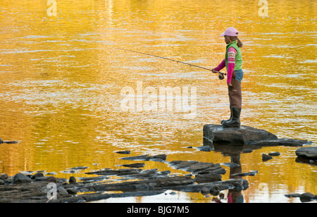 Nouveau-brunswick, jeune femme fishierman fly la pêche du saumon sur la rivière Miramichi. Banque D'Images