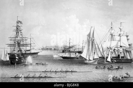 Lithographie en noir et blanc vers 1869 intitulé 'Summer scènes dans le port de New York". Banque D'Images