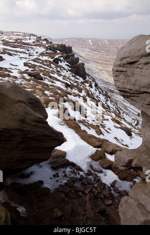 L'hiver sur l'extrémité nord de Kinder scout dans le parc national de Peak District, Derbyshire, Royaume-Uni Banque D'Images