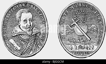 Tilly, Johann Tserclaes von, 1559 - 20.4.1632, Brabant général, portrait, médaille de Christian Maler, Nuremberg, XVIIe siècle, gravure sur bois, XIXe siècle, , Banque D'Images