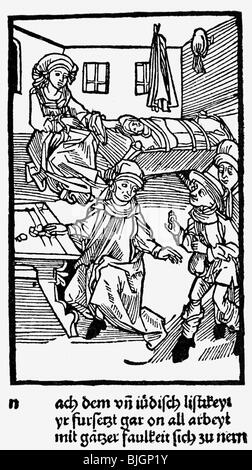 Argent / finance, prêteur d'argent, agriculteur et burgher au prêteur d'argent juif, woodcut, Nuremberg, 1491, Banque D'Images