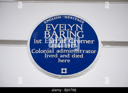 English Heritage blue plaque marquant un accueil d'Evelyn baring, 1er comte de Cromer, dans Wimpole Street, Londres, Angleterre Banque D'Images