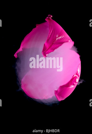 Un ballon rouge rempli de fumée lors de l'éclatement tourné avec une carabine à air. Visible de l'onde sonore Banque D'Images