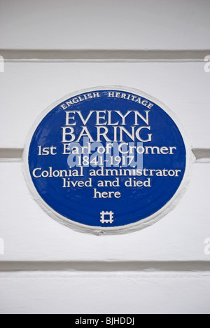 English Heritage blue plaque marquant un accueil d'Evelyn baring, 1er comte de Cromer, dans Wimpole Street, Londres, Angleterre Banque D'Images