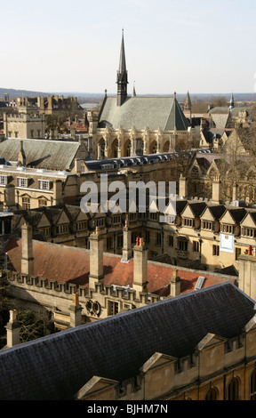 Brasenose College, l'Exeter College et la chapelle, l'Université d'Oxford, Oxford, Oxfordshire, Angleterre. Vue depuis la tour de l'église St Mary. Banque D'Images