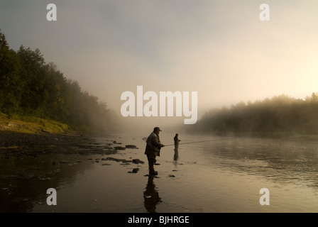 La pêche de mouche pour le saumon atlantique, Salmo salar, vers le sud-ouest la fourche de la rivière Miramichi au Nouveau-Brunswick, Canada Banque D'Images