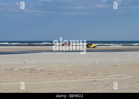 Deux véhicules à quatre roues motrices sur la plage publique. Banque D'Images