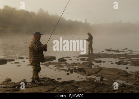 La pêche de mouche pour le saumon atlantique, Salmo salar, vers le sud-ouest la fourche de la rivière Miramichi au Nouveau-Brunswick, Canada Banque D'Images