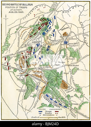 Bataille de Bull Run carte montrant les positions des troupes le 29 août 1862. À la main, gravure sur bois Banque D'Images