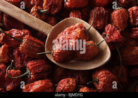 Mini-Peppers (Capsicum) avec une vieille cuillère en bois Banque D'Images