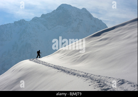 Skieur dans l'arrière-pays en face de la chaîne principale des Alpes, le Allgaeuer Hinterstein, Upper Allgau, Bavaria, Germany, Europe Banque D'Images