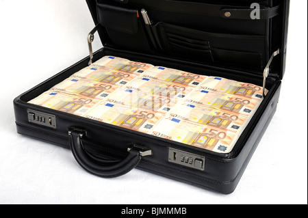 Valise pleine d'argent, 50 euro, image symbolique de la prospérité, de la richesse Banque D'Images