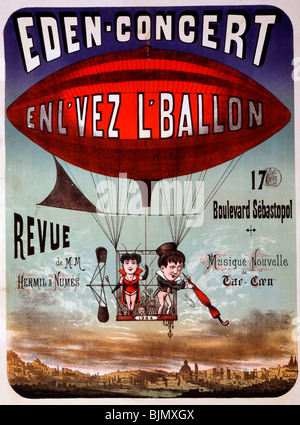 Eden Concert - cirque français affiche montre deux interprètes dans le panier d'un dirigeable - 1884 Banque D'Images