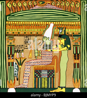 Osiris, dieu des enfers et renaissance, est illustré dans la pègre, intronisé avec les déesses Isis et Nephthys (gauche). Banque D'Images