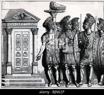 Ancien monde, Empire romain, militaire, Garde prétorienne, soldats en costume de parade d'armure, gravure en bois après le soulagement ancien, historique, historique, standard, guidon, aigle, soldat, gardes de la vie, monde ancien, peuple, Banque D'Images