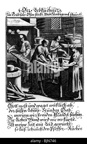 Personnes, professions, boulanger, machine à pain d'épices, gravure en cuivre de classes livre de Christoph Weigel, avec versets d'Abraham A Sancta Clara, 1698, Banque D'Images