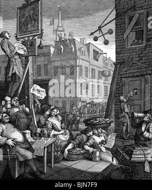 Alcool, bière, 'The Beer Street', caricature de William Hogarth (1697 - 1764), gravure en cuivre Banque D'Images