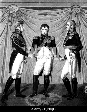 Événements, 1807, traités de Tilsit, été 1807, Tsar Alexander I de Russie, empereur Napoléon Bonaparte et roi Frederick William III de Prusse dans un pavillon sur la rivière Neman, 26.6.1807, gravure contemporaine de cuivre, traité de paix, Csar, allégorie, France, XIXe siècle, historique, alliance, négociations, guerres napoléoniennes, peuple, Banque D'Images