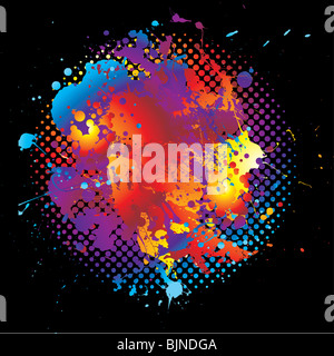 Résumé arrière-plan lumineux arc-en-ciel d'encre avec des points de trame et conception splat Banque D'Images