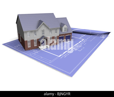 Rendu 3D d'une maison moderne sur les bleus Banque D'Images