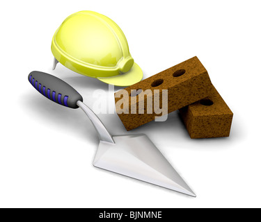 Le rendu 3D de briques, truelle et hard hat Banque D'Images