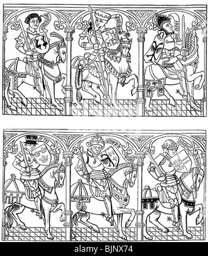 Moyen âge, Jean Dunois, Alexandre le Grand, Julius Ceasar, roi Arthur, Charles le Grand, Geoffrey de Bouillon, coupe du bois, XVe siècle, historique, époque médiévale, cavalier, cavaliers, dirigeant, dirigeants, peuple, Banque D'Images