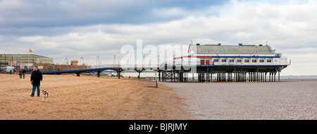 Homme marche un chien le long de la plage près de la Jetée 39 sur la plage Cleethorpes, Lincolnshire England UK en hiver Banque D'Images