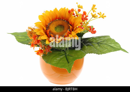 Fleur jaune avec trois feuilles vertes à l'orange pot isolated on white Banque D'Images