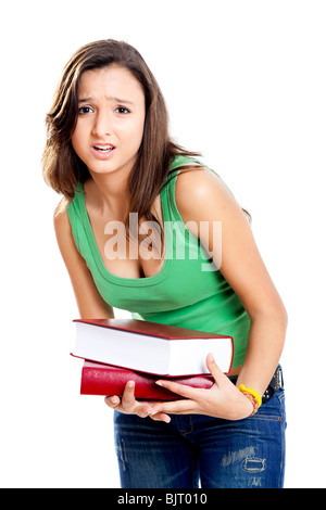 Belle jeune étudiante fatigué de prendre soin des livres, isolated on white Banque D'Images