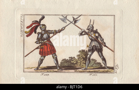 Deux chevaliers en armure à pied se battre en duel avec hallebardes dans un tournoi. Banque D'Images