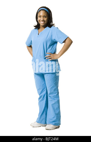Infirmière afro-américaines en bleu frotte Banque D'Images