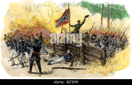 La capture d'épaulements Union confédérée pendant la bataille de la Wilderness en Virginie, 1864. À la main, gravure sur bois Banque D'Images