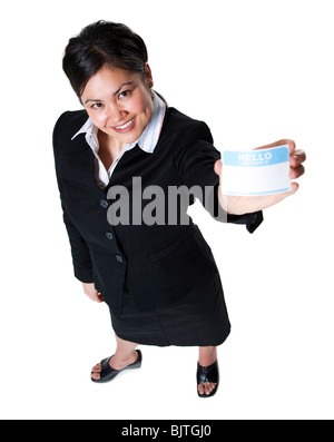 Femme avec étiquette de nom vide Banque D'Images