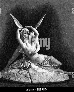 Cupid, dieu grec d'amour, demi-longueur, avec Psyche, gravure après sculpture par Antonio Canova (1757-1822), Banque D'Images