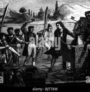 Papin, Denis, 22.8.1647 - vers 1713, scientifique naturel français, inventeur (digesteur à vapeur), scène, est menacé par les marins lors de sa tentative de naviguer sur la rivière Weser, gravure en bois, XIXe siècle, Banque D'Images
