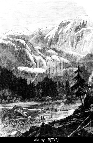 Géographie / voyages, États-Unis d'Amérique, montagnes Rocheuses, Sierra Nevada, vallée avec voie ferrée, gravure en bois, vers 1870, Banque D'Images