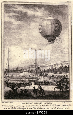 Transport / Transports, aviation, ballons, ballon à air chaud des frères Joseph Michel et Jacques Étienne Montgolfier, troisième vol, commencer à Lyon, 19.1.1784, l'artiste n'a pas d'auteur pour être effacé Banque D'Images