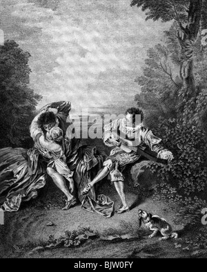Les gens, l'amour, les amoureux d'un musicien, la gravure après la peinture 'Le Kiss' par Jean-Antoine Watteau (1684 - 1721), Banque D'Images