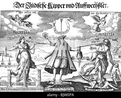 Judaïsme / Bijoure et persécution des Juifs, caricature sur la fraude lors de l'échange d'argent, 'Dier juedische Kipper et Aufwechsler', gravure en cuivre, 1622, Banque D'Images