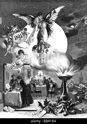 Festivité, Saint-Sylvestre, carte de voeux, gravure en bois après peinture de M. Ebersberger, 1890, Banque D'Images