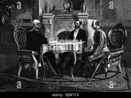 Bismarck, Otto Fürst von, 1.4.1815 - 30.7.1898, politicien allemand, chancelier de l'Empire allemand 1871 - 1892, conférence avec les ministres de la Russie et de l'Autriche, 16.9,1884, gravure sur bois, Banque D'Images